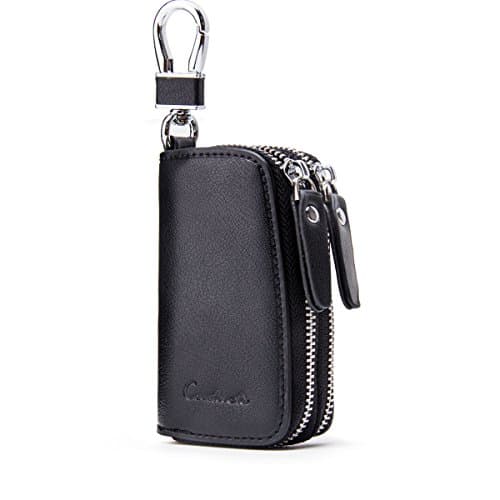 Image of Contacts Genuine Leather Double Zipper Car Key Wallet Men Women Key Holder Organizer (Black)