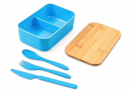 Image of Bamboo Lunch Box – 1000ml Reusable Lunchbox with Bamboo Lid and Knife, Fork & Spoon, Removable Divider – (Blue)