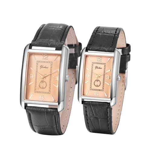 Image of JewelryWe Vintage Rectangular Couple Watch: Analog Quartz Movement Leisure Business Exquisite Watch Premium PU Leather Strap Couple Watch for Women Men for Christmas