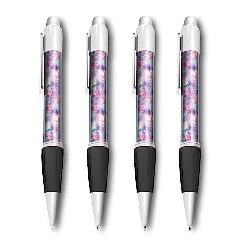 Image of Set of 4 White Ballpoint Pens (Photo Insert) - Unicorn Rainbow Star Theme Pretty Pink Space Theme - Soft Feel Finger Grip #170049