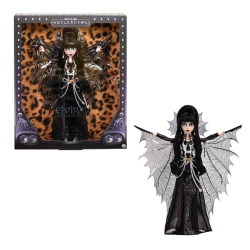 Image of Monster High Doll, Elvira, Mistress of The Dark Collectible in Black Faux Leather Dress with Silvery Batwing Cape and Premium Accessories