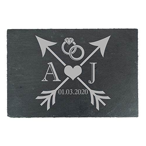 Image of Personalised Engraved Rectangular Slate Cheeseboard with Wedding Design, Personalise with Any Initials and Date, Perfect for Weddings and Anniversaries
