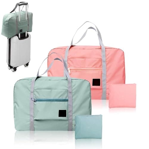 Image of 2pcs Foldable Travel Bag, Small Holdall Bags for Women, Carry on Duffel Bag Waterproof & Lightweight for Overnight Weekend Travel (Blue Pink)