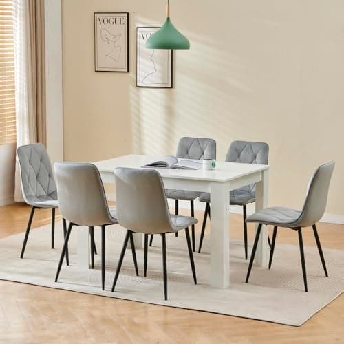Image of Homullel 7 Piece Dining Room Table and Chairs Set for Dining Room, Modern 120cm White High Gloss Dining Table with 6 Grey Velvet Chairs for Family Dinner Set Space Saving