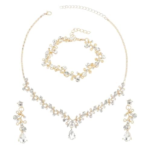 Image of Yolev Rhinestone Bridal Wedding Jewelry Sets Gold Jewelry Set for Women Crystal Necklace Bracelet Earrings Set for Brides Bridemaid Prom Costume Accessories