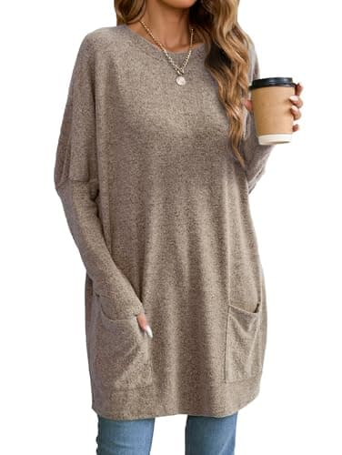 Image of Famulily Women’s Long Sleeve Crewneck T Shirt Outfits Oversized Pullover Sweatshirt Fashion Fall Winter 2024 Brown XL