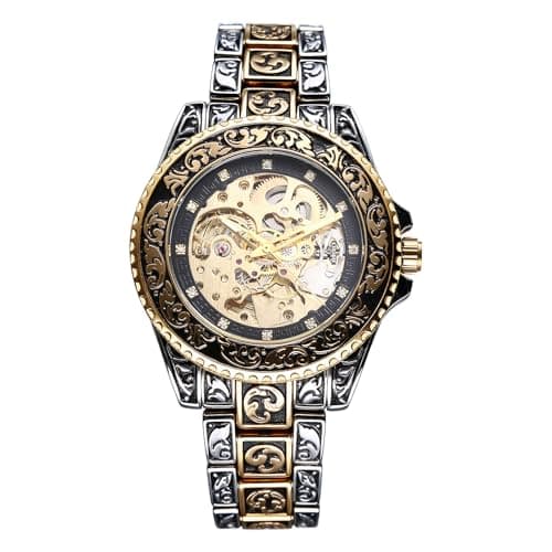 Image of JewelryWe Men Automatic Mechanical Watches: Self Winding Skeleton Vintage 36 Hours Power Reserve Diamond Accented Dial Stainless Steel Strap Wristwatch
