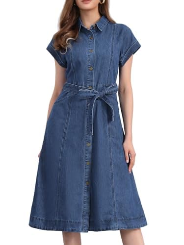 Image of Allegra K Denim Dress for Women's Casual Button Down Short Sleeves Belted Midi Dress Dark Blue XL