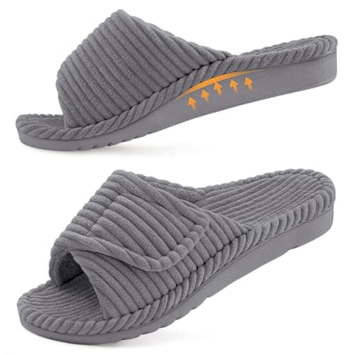 Image of Litfun Orthopedic House Slippers for Women Adjustable Arch Support Indoor Slippers Open Toe Corduroy Bedroom Shoes, Grey 5.5