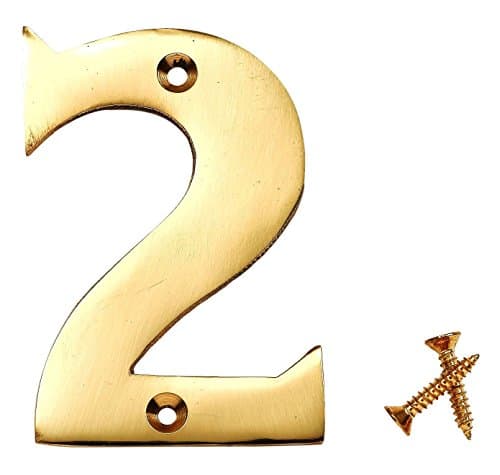 Image of Merriway BH04228 Polished and Lacquered Solid Brass Screw-On House Flat Gate Post Numeral 75 mm (3 Inch) Number 2
