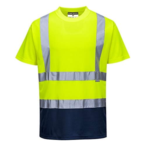 Image of Portwest S378 Mens Hi Vis T Shirt Short Sleeve Workwear Safety Top Reflective Contrast Bird Eye Knit UPF 40 Moisture Wicking Construction Roadwork Site, Yellow/Navy, 4XL