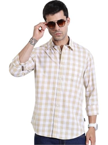 Image of Thomas Scott Mens | Long Sleeve | 100% Cotton | Regular Fit | Checked | Spread Collar | Men's Shirts (Available in Plus Size), beige, XL