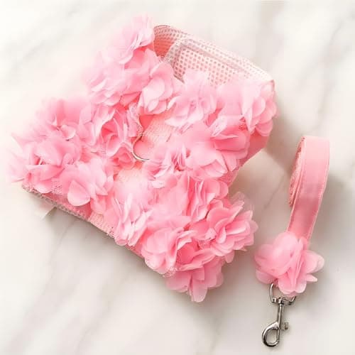 Image of Hotumn Small Dog Flower Harness - Pet Adorable Waking Vest Cat Cute Harness with Leash Set Soft Adjustable Breathable Mesh for Small Kitten Puppy Escape-Proof (Multicolor, S)
