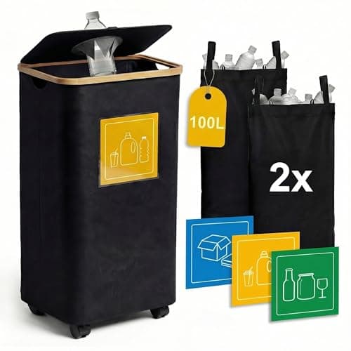 Image of Viviendo 100L Foldable Recycling Bin with Lid and Wheels, Oxford Bottle Collector with Waterproof Liner, 2 Removable Bags, for Empty Bottle Storage and Collection