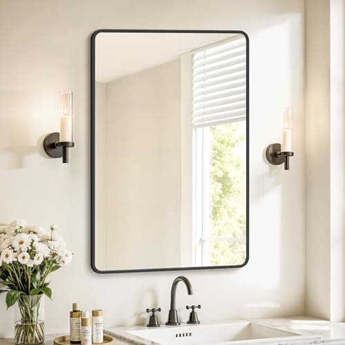 Image of SONGMICS Bathroom Mirror, Wall Mounted Vanity Mirror, Rectangular, Aluminium Frame, 91 x 61 cm, with Safety Film, 2 Mounting Options, for Living Room, Bedroom, Bathroom, Ink Black LWM010BD01