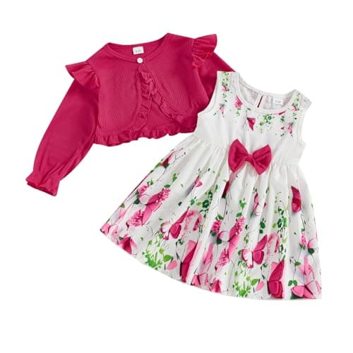 Image of Baby Girl Dress and Cardigan Set Heart Floral Bow Decor Summer Sundress Long Sleeve Ruffle Jacket Toddler Autumn Clothes Girl 2 Piece Outfit (Rose Red, 18-24 Months)
