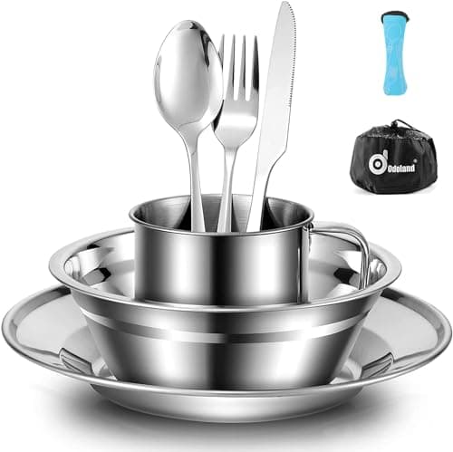 Image of Odoland Camping Cutlery Set - Stainless Steel Tableware Mess Kit Plate Cup Fork Spoon, 8 in 1 Flatware Kit with Mesh Bag - Dinnerware Utensils Set for Outdoor Camping Hiking and Picnic for 1 People