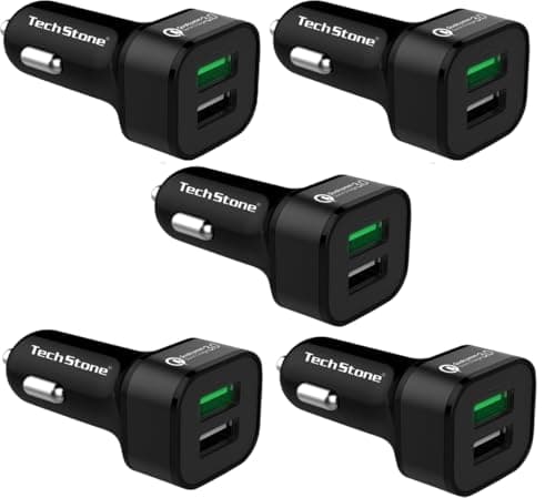 Image of TechStone Car Charger Dual USB Quick Charge 3.0 Fast Charging Adapter Mini Phone Cigarette Lighter 12v Socket for iPhone XS/XR/Max/7/8/Plus, iPad Air 2/Pro/Mini, Galaxy, LG, HTC (Pack of 5)
