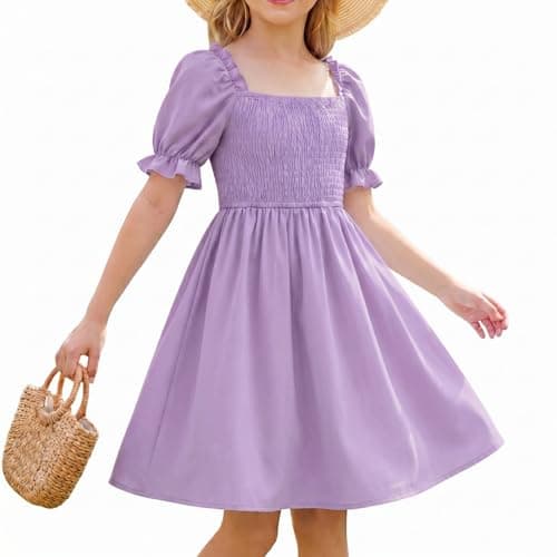 Image of DivingBirds Tween Girls' Dresses Elegant Ruffle Sleeve Kids Dress for Girls Teenagers Ladies Casual Summer Dresses, Purple 9-10 Years