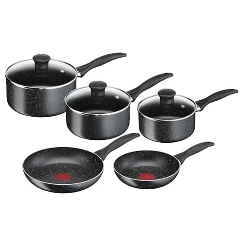 Image of Tefal Origins Stone 5 Piece, Non-Stick, Pots & Pan Set, All Hobs Compatible Except Induction, (16/18/20CM Saucepans with Glass lids, 20/24CM Frying Pans)