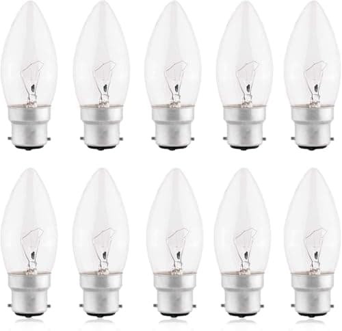 Image of B4U Candle Light Bulb Bayonet, Pack of 10 BC B22 Candle Light Bulbs 4̣0̣Ẉ, Clear, Warm White 2700K