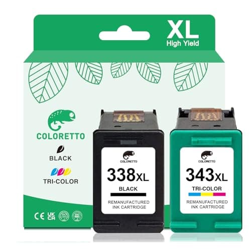 Image of COLORETTO 338XL 343XL for HP 338 343 XL for Photosmart 2575 Ink Cartridge Replacement 2610 2710 2713 8150 2613 2615 Deskjet 460c 5740 6540 6840 D4145 D4163 D4168 Officejet 4212 6210 Black and Colour