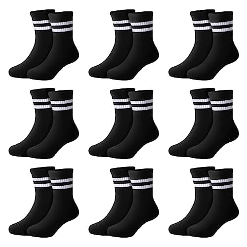 Image of Auranso Toddler Socks 9 Pairs Kids Athletic Cushioned Ankle Crew Socks Black White Grey Striped Cotton School Sports Socks for Boys Girls Junior, 11-15 Years