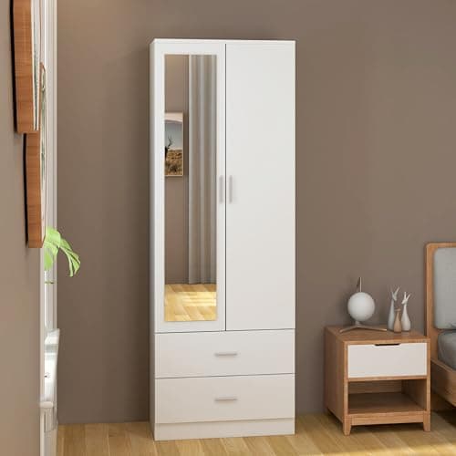 Image of Panana Wooden 2 Door Mirrored Wardrobe with 2 Drawers and Hanging Rail Modern Clothes Storage Cupboards Unit for Bedroom Furniture W 77 x D 50 x H 180 cm (White)