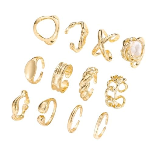 Image of 12 Pcs Gold Chunky Rings for Women, Thick Gold Stacking Rings Set for Women,Thick Open Ring Adjustable Stackable Knuckle Ring for Ladies Elegant