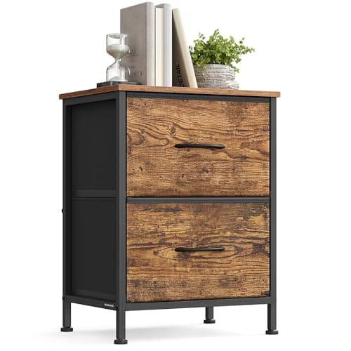Image of SONGMICS Bedside Table, Bedside Cabinet with 2 Fabric Drawers, Nightstand Side Table for Bedroom, Living Room, Steel, MDF, Rustic Brown and Ink Black LGS312BH04