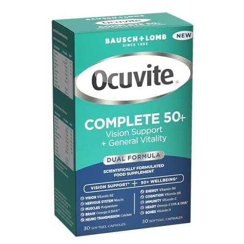 Image of Ocuvite Complete 50+ Eye Supplement - Supports the Visual System & 50+ Wellbeing by Bausch + Lomb – Lutein and Zeaxanthin Supplement with Omega 3 DHA & EPA, Vitamin B6 & Vitamin D, 2 Capsules Per Day