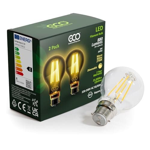 Image of ECO 60W Equivalent 8W Dimmable LED Filament Light Bulb, 880 Lumens, Warm White 2700K, B22 2-pin Bayonet, 25,000hrs Lifetime.