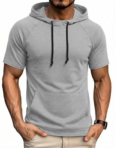 Image of COOFANDY Short Sleeve Hoodie Men Summer Thin Hoodie Casual Gym Hooded T Shirt for Men Light gray S
