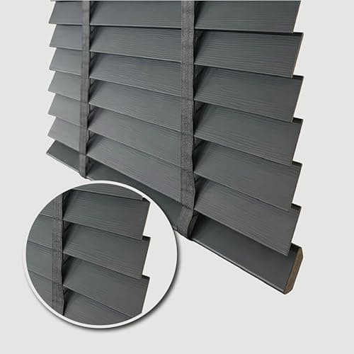 Image of Funky gadgets faux wood Wood Grain window venetian blinds 50mm horizontal Embossed Slats with tape trim able easy fit for office, home (Dark Grey Embossed Pattern, W180cmxL213cm)
