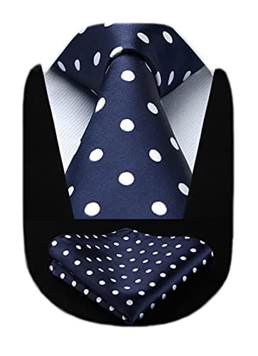 Image of HISDERN Extra Long Polka Dots Tie Handkerchief Men's Necktie & Pocket Square Set, XL, 63 inches length, Navy Blue / White