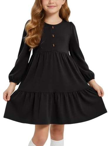 Image of JiAmy Girls Dress Puff Long Sleeve Cotton Round Neck Kids Casual T-Shirt Dresses with Pockets Tiered High Waist Swing A-line Fall Tween Dress for 5-6 Years, Black