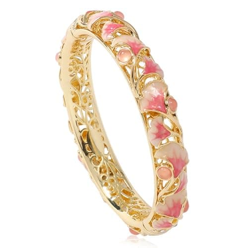 Image of Syglawnd Enamel Bracelet, Enamel Bangles Handmade Cloisonne Bracelet for Women Vintage Ginkgo Leaf Bangle Gold Plated Zinc Alloy Cuff Jewelry