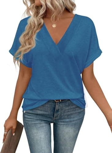 Image of ELFIN Womens Short Sleeve Tshirts Cross Collar Deep V Neck Tops Casual T-Shirt Plain Tops Summer Loose Blouse