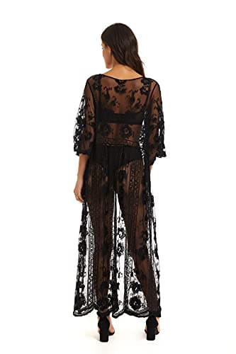 Image of marysgift Beach Coverups for Women UK Black Lace Kimono Long Bathing Suits Beachwear Open Front Crochet Swim Cover-ups & Sarongs Black A000022