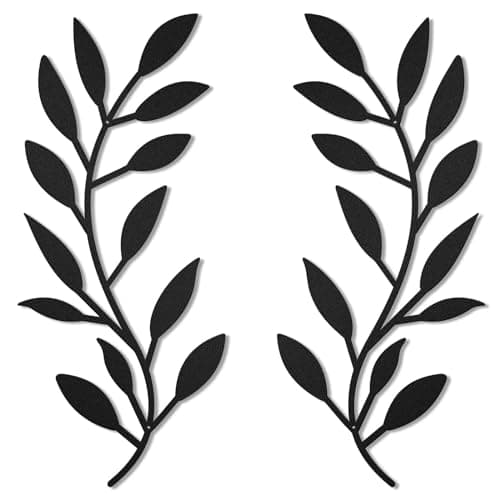 Image of HZBAKLO Metal Tree Leaf Wall Decor, 2 Pcs Vine Olive Branch Leaf Wall Art Ornament, Wall Hanging Sculpture Art for Indoor Outdoor Bedroom Living Room (Black)