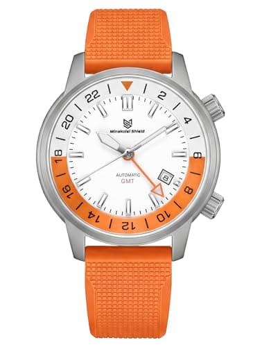 Image of Minskolei Shield Mens Watches GMT Automatic Watch for Men Mechanical Dual Time Zone Traveler Wristwatch Sainless Steel Sapphire Glass 100M Waterproof Rubber Sports Strap, Orange White, Leisure