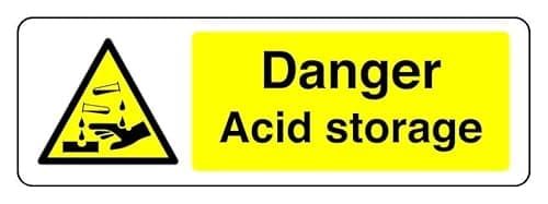 Image of Danger Acid Storage - safety sign - High tack self-adhesive sticker (150mm x 50mm) Viewing Distance within 3m.