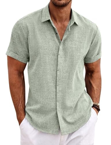 Image of COOFANDY Linen Shirts Men Summer Short Sleeve Casual Button Down Solid Color Shirts Tops Light Green XXL