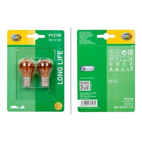 Image of HELLA 8GA 006 841-133 Bulb - PY21W - Long Life up to 3x longer lifetime - 12V - 21W - Socket Type: BAU15d - Blister - Quantity: 2