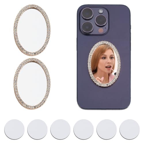 Image of DELORIGIN 2 Pcs Bling Mirror Decal Phone Back Adhesive Mirror Charm Sticker Oval Make up Mirror with Rhinestones for Smartphone Phone Case Back Accessories Mobile Phone Stick-On Mirror Charms Gold