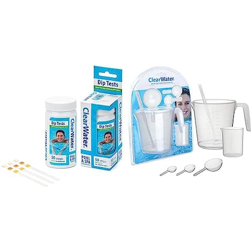 Image of Clear water Hot Tub, Pool and Spa Test Strips x 50-3 in 1 - Measures Chlorine, PH and Total Alkalinit (Pack of 1 (50 Strips)) & CH0032 Measuring Set for Swimming Pool and Hot Tub Chemical Treatment