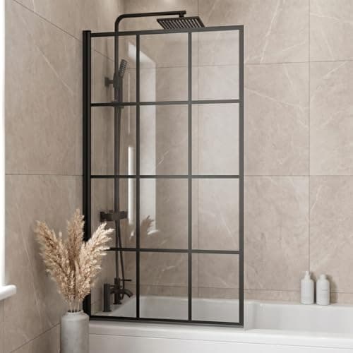 Image of Luxura® 1400 x 800mm Black Square Grid Framed Over Bath Shower Screen for Bathroom 6mm Clear Toughened Safety Glass Panel 180° Pivot Folding Hinged Splash Guard Panels & Screens for Baths Reversible