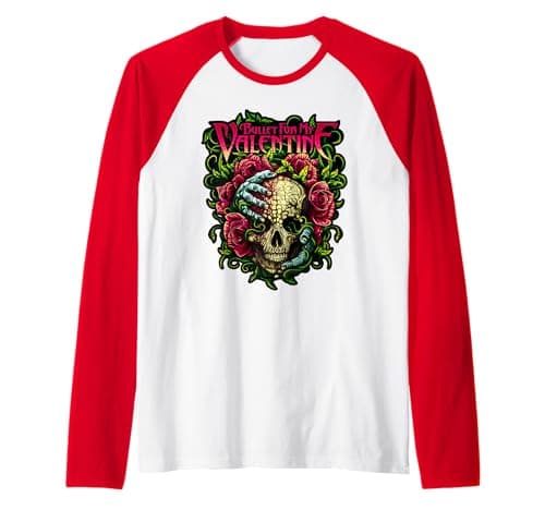 Image of Funny Bullet My Valentine Skull Roses and Red Blood Horror Raglan Baseball Tee