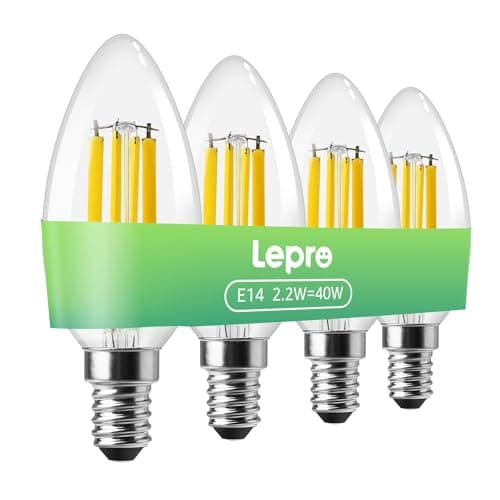 Image of Lepro E14 Candle Bulb, A-Rated Ultra-efficient SES Bulb, 2.2W = 40W, 470lm, Warm White 2700K, 50000H Lifespan, Small Edison Screw, Clear Filament, Non-dimmable, Pack of 4