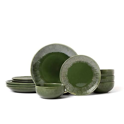Image of Mikasa Jardin 12-Piece Dinner Set, Stoneware Dinner Set for 4 with Dinner Plates, Side Plates and Bowls, Green - Gift Boxed & Dishwasher Safe